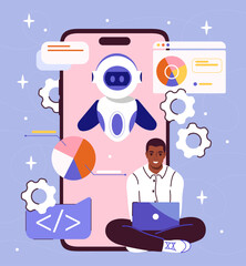 Poster - Man with AI website. Young guy sits near smartphone with Internet bots. Artificial intelligence and machine learning. Virtual assistant and helper. Flat vector illustration isolated on blue background