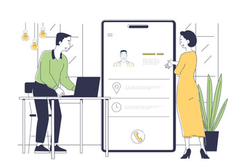 Poster - Appointment business application. Man and woman near smartphone fill out form. Planning, scheduling and time management, organizing effective work process. Linear vector illustration