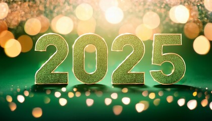 sparkling 2025 with glitter and light reflections against festive bokeh background in green gold new