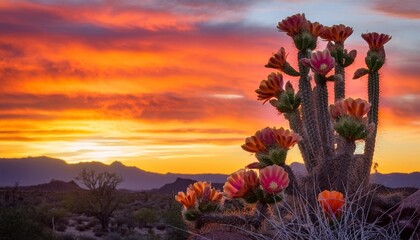 Wall Mural - vibrant cactus with large blooming flowers in shades of orange pink stands in foreground against backdrop of desert landscape at sunset sky ablaze with warm hues of orange yellow red