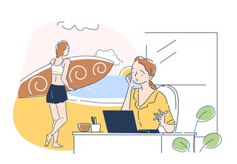 Poster - Woman dreaming at work. Girl dreams of vacation on beach in tropical countries. Worker think about holiday and vacation, travel and tourism. Linear vector illustration isolated on white background