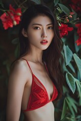 Wall Mural - A woman in a red bra and red flowers