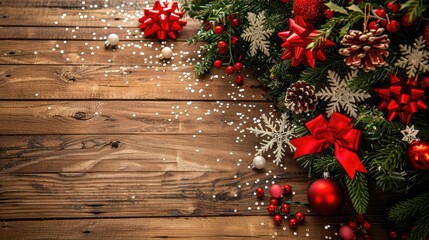 Wall Mural - Decorated Natural Christmas Tree with Red Bows Beads and White Snowflakes on Wooden Boards with Copy Space