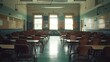 © Malik Zohaib - An empty high school classroom with rows of wooden desks and chairs, creating an atmosphere