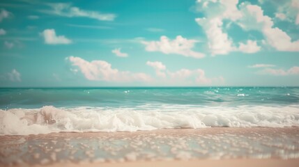 Tropical beach with blurred bokeh, blue sky, and white clouds. Summer vacation and travel adventure. Vintage filter.