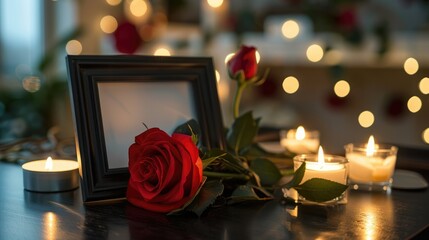 Candlelit black photo frame and red rose in funeral home