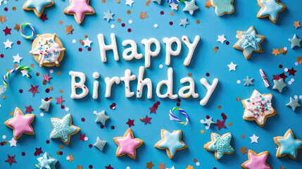 Colorful Happy Birthday Celebration with Star-Shaped Cookies and Confetti on Blue Background