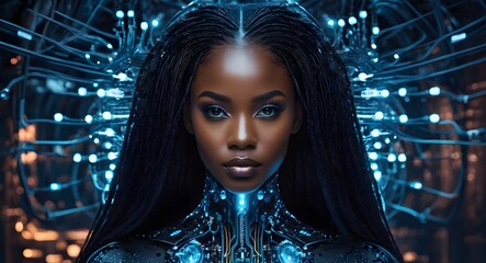 Wall Mural - Black African American face in Artificial intelligence robot with AI cybersecurity threat illustration.