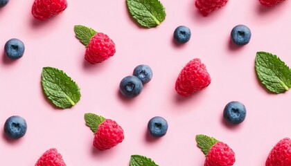 Wall Mural - seamless pattern of ripe berries blueberry raspberry mint leaf on pink background