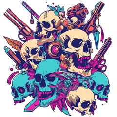 Wall Mural - A Pack Of Skulls With Weapons And Accessories Depicted In A Cartoon Style, Cartoon Illustration