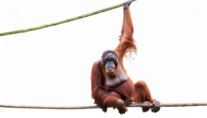 orang utan ape hanging on a vine in the trees isolated on a white background as transparent png