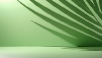 Wall Mural - in a 3d render a simple abstract green background is bathed in bright sunlight casting a distinct palm leaf shadow