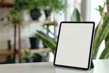 Poster - Tablet on Table with Green Plants in Background