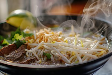 Vibrant and savory close-up of steaming hot noodle soup featuring thin rice noodles, tender beef slices, crisp bean sprouts, fresh herbs, and a lime wedge