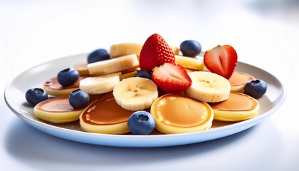 Wall Mural - plate of mini pancakes with banana strawberries and blueberries