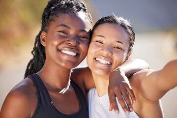 Sticker - Happy woman, portrait and friends with hug for selfie in outdoor workout, exercise or training memory. Female person, athlete or runner with smile for photography, picture or moment on mountain road