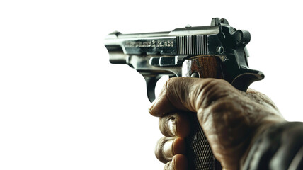 Close up of a man hand shooting vintage pistol, side view isolated on transparent background, png