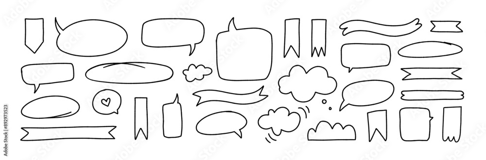 Set of hand drawn doodle speech bubbles and ribbons. Various vector ...
