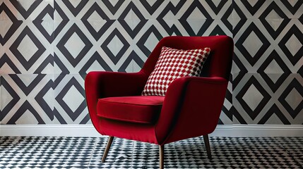 solitary crimson chair offers pop color against geometric patterned backdrop