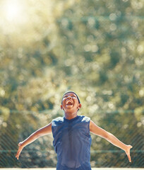 Wall Mural - Happy, excited and shouting basketball child with a smile outdoor on sport court. Black boy playing, enjoy and fitness while training, exercise or practice during summer at sports club with happiness