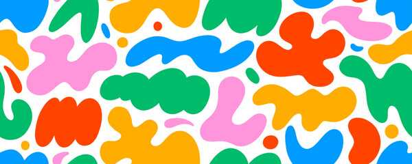 Aufkleber - Colorful seamless pattern with liquid organic shapes and irregular forms. Creative amoeba organic fluid shapes. Cartoon childish style background with simple figures. Groovy funky design banner.