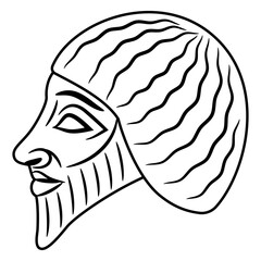 Wall Mural - Bearded head of a man in profile. Portrait of ancient Sumerian man from Lagash. Ethnic Mesopotamian design. Black and white linear silhouette.