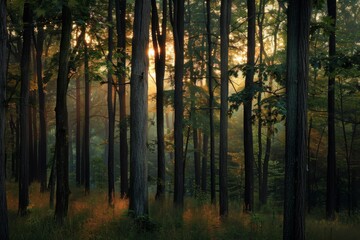  Enchanted forest at sunset with majestic trees, creating an enchanting and mystical dusk atmosphere filled with magic