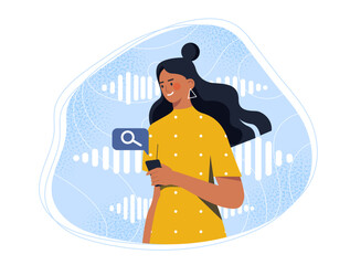 Poster - woman with voice search. young girl with smartphone looking for information on internet. online voic