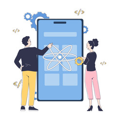 Poster - Two developers analyze a mobile app interface displayed on a large screen. Cartoon style linear vector illustration, white background. Concept of app development