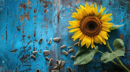 Wall Mural - Sunflower and its seeds against a blue rustic backdrop