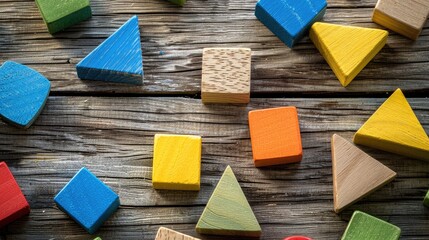 Aufkleber - Vibrant geometric wooden toy blocks for kid learning on wooden surface top view with copy space educational and creative concept