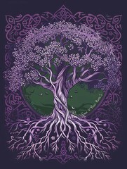 A detailed and intricate artistic rendering of a tree with expansive branches and roots, set against a dark background. The tree's branches are filled with countless small, purple flowers. The roots s