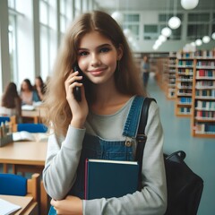 Wall Mural -  Teenage girl talking on a mobile phone, inside high school building, in library