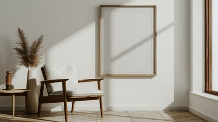 Poster - Poster template in a modern Scandinavian-style interior with an empty picture frame on a white wall