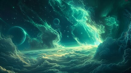 Wall Mural - A distant planet with swirling neon blue and green clouds, illuminated by multiple moons casting ethereal shadows on its surface, against a starry backdrop 