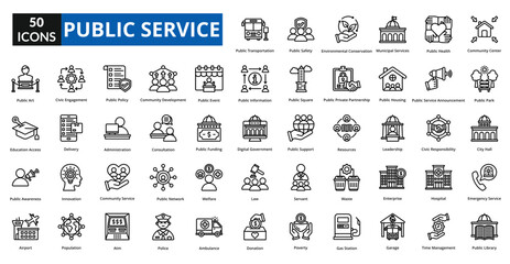 public service icon set collection. community center, public park, city hall, emergency service, public library, public transportation, public safety, environmental, municipal services, healthcare