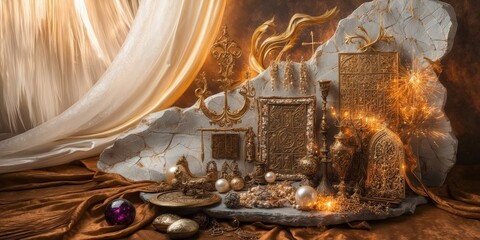 Wall Mural - Ornamental golden textures arranged on a stone surface