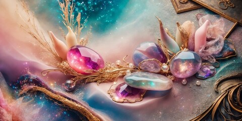 Canvas Print - Various colored gemstones with a golden branch and glitter background