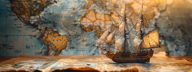  Old sailing ship model on world map , exploration and explorer concept image 