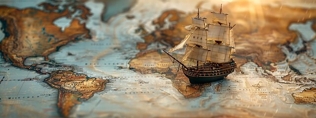  Old sailing ship model on world map , exploration and explorer concept image 