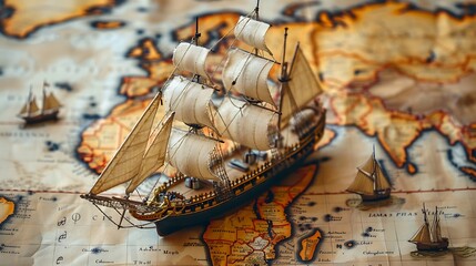  Old sailing ship model on world map , exploration and explorer concept image 