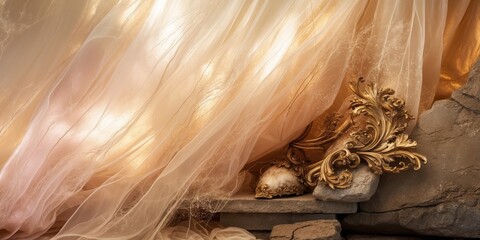 Wall Mural - Sheer fabric drapes over ornate gold ornament and stone textures