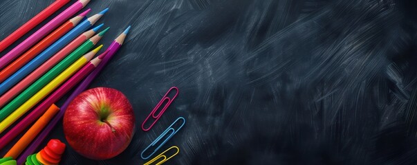 Dark grey chalkboard background with colorful school supplies on the left side of the photo, including an apple and colored pencils, for copy space or banner design, flat lay, top view, panor