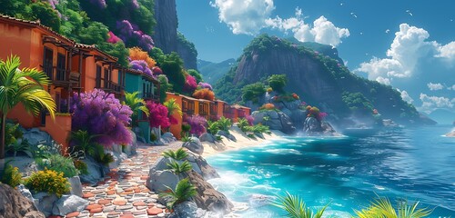 Poster - a beach with houses and mountains.