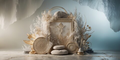 Canvas Print - Decorative and textured background, featuring white feathers, a gold frame, and a stone rock