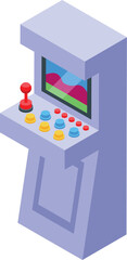 Wall Mural - Arcade game machine with a joystick and buttons, displaying colorful pixels, is shown in this isometric illustration