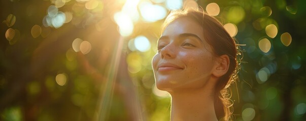 Woman with eyes closed enjoying the sun in nature.