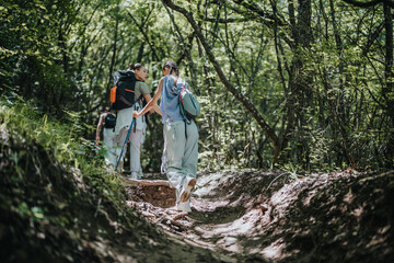 Group of friends exploring nature on a forest hike, enjoying the adventure and fresh air. Perfect for outdoor activities, travel, and friendship themes.