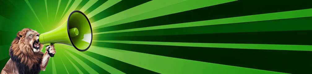 Poster - Majestic Lion Roaring into Bright Green Megaphone on Radiant Green Burst Background for High-Impact Advertising Concept with Ample Copy Space