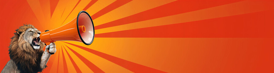 Poster - Fierce Lion Roaring into Bright Orange Megaphone on Radiant Orange Background for Eye-Catching Advertising Concept with Generous Copy Space